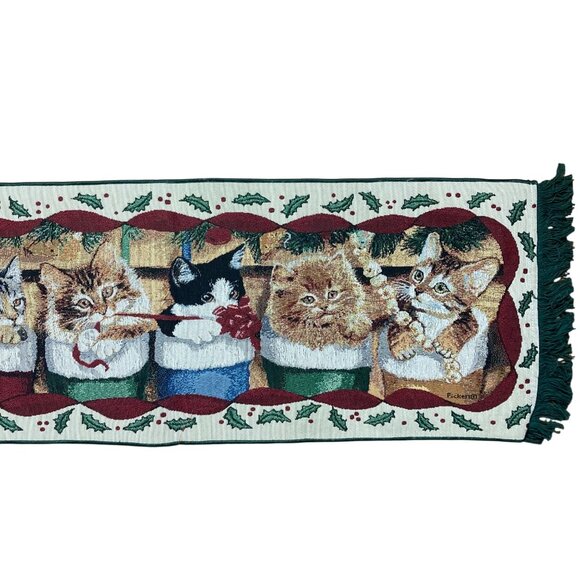 Whimsical Cozy Cats Christmas Tapestry Table Runner Kittens 13x73 Made In USA - Picture 4 of 11